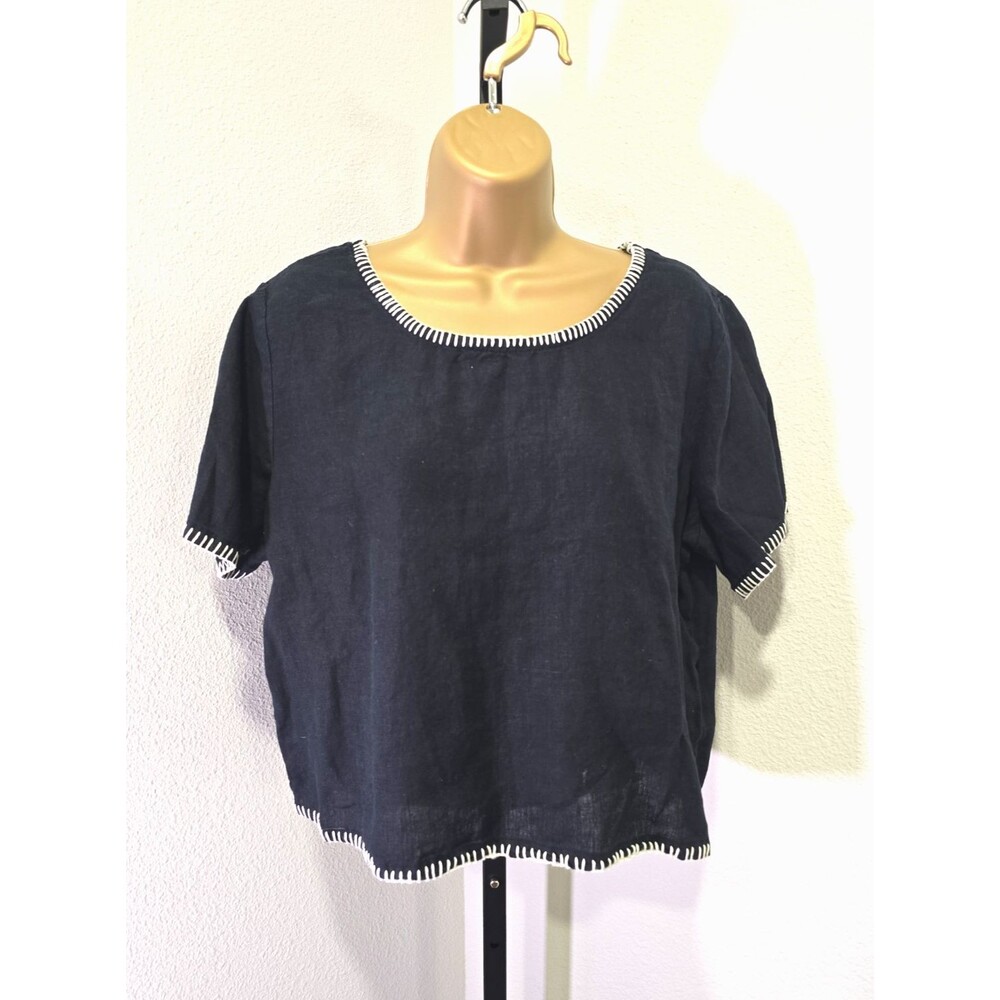 Rachel Zoe Black Linen Boxy Pullover Top Large Blanket Stitch Minimalist Peasant
